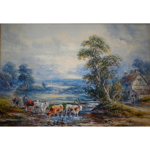 620 - Edith Barclay - A pair of pastoral views - Shepherd and his flock and Cattle and drover, watercolour... 