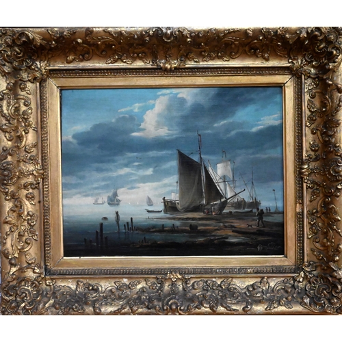 633 - 18th century French school - Marine scape with moored barques, oil on panel, 37 x 49 cm