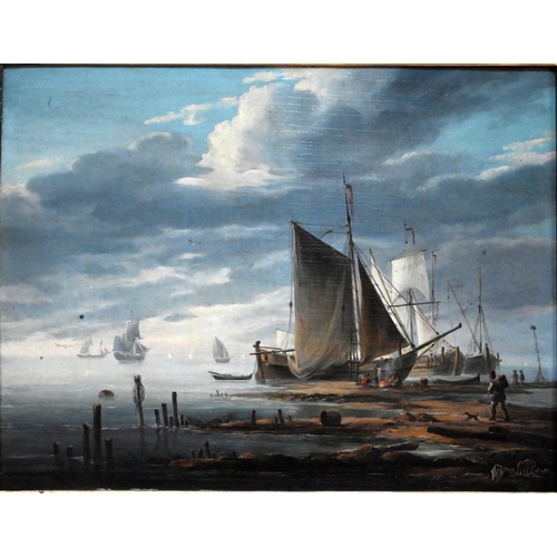 633 - 18th century French school - Marine scape with moored barques, oil on panel, 37 x 49 cm