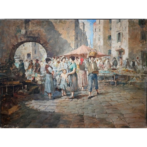 645 - V Cialson? - A pair of busy Continental market scenes, oil on canvas, signed indistinctly, 59 x 80 c... 