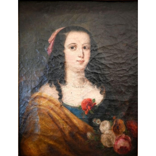 670 - Early 19th century English school - Portrait of a lady holding posy of roses, oil on canvas, 44 x 34... 