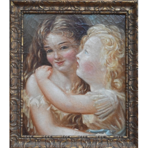 688 - 19th century Continental school - Study of two children embracing, oil on canvas, 34.5 x 29 cm