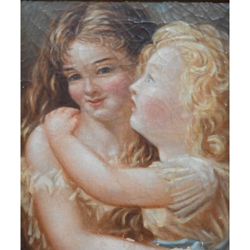 688 - 19th century Continental school - Study of two children embracing, oil on canvas, 34.5 x 29 cm