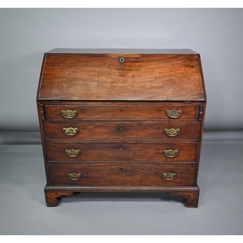 773 - A George III mahogany bureau, the fitted interior centred by a polychrome painted cupboard door over... 