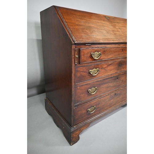 773 - A George III mahogany bureau, the fitted interior centred by a polychrome painted cupboard door over... 