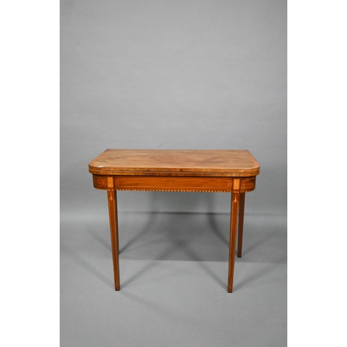 777 - A Regency mahogany fold-over card table, raised on twin gate-legs, 92 cm x 46 cm x 75 cm h - a/f