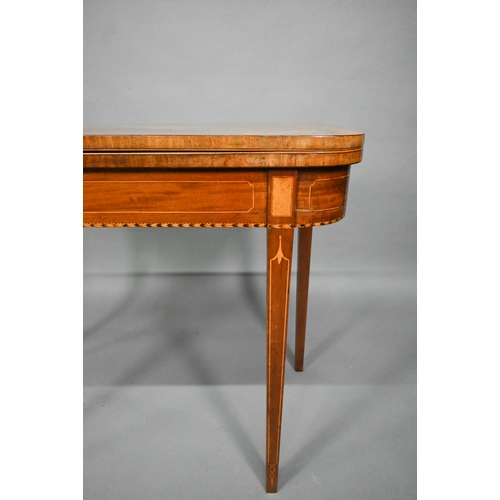 777 - A Regency mahogany fold-over card table, raised on twin gate-legs, 92 cm x 46 cm x 75 cm h - a/f