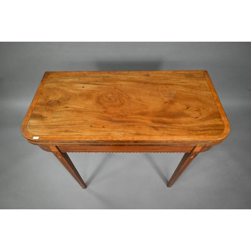 777 - A Regency mahogany fold-over card table, raised on twin gate-legs, 92 cm x 46 cm x 75 cm h - a/f