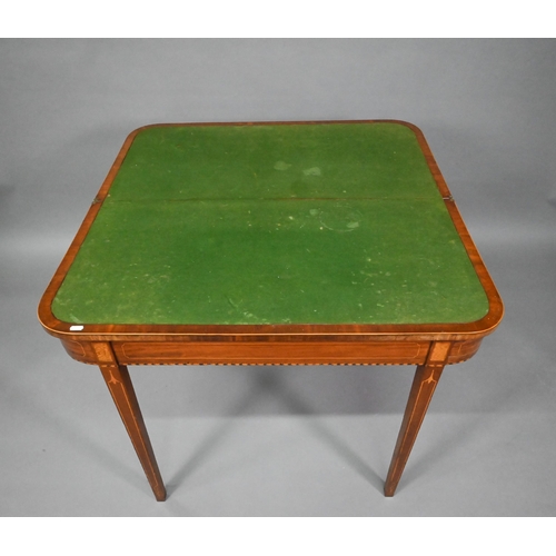 777 - A Regency mahogany fold-over card table, raised on twin gate-legs, 92 cm x 46 cm x 75 cm h - a/f