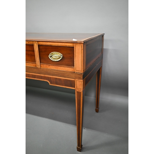 781 - A converted George III cross-banded mahogany spinet to a three drawer sideboard, raised on square ta... 