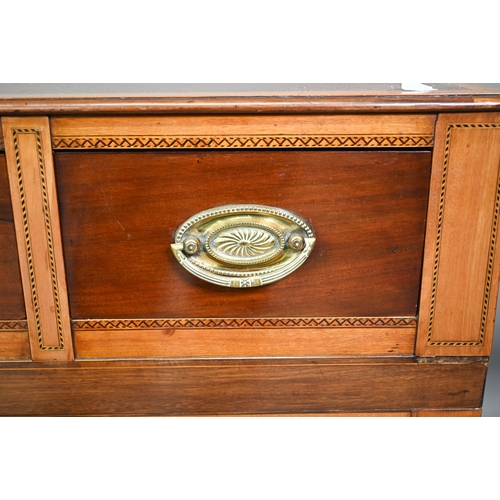 781 - A converted George III cross-banded mahogany spinet to a three drawer sideboard, raised on square ta... 