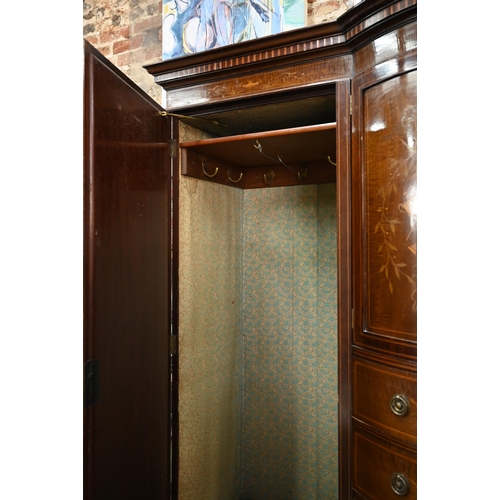 783 - A Victorian Sheraton Revival bowfront compactum, centred by a bowfront twin cupboard enclosing linen... 