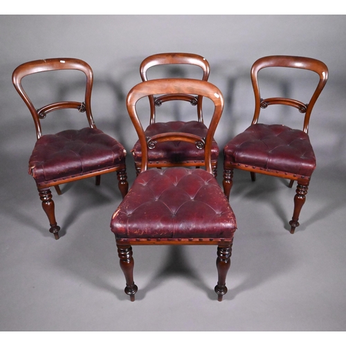 793A - A set of four mahogany framed balloon back dining side chairs, with overstuffed buttoned leather sea... 