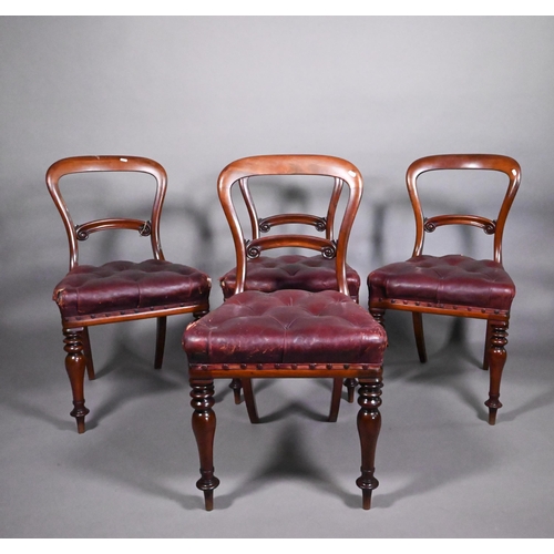 793A - A set of four mahogany framed balloon back dining side chairs, with overstuffed buttoned leather sea... 