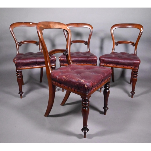 793A - A set of four mahogany framed balloon back dining side chairs, with overstuffed buttoned leather sea... 