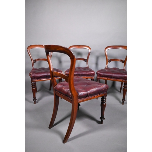 793A - A set of four mahogany framed balloon back dining side chairs, with overstuffed buttoned leather sea... 