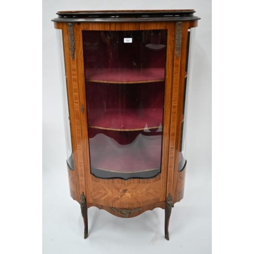 816 - A late 19th century French inlaid kingwood serpentine vitrine cabinet, with fabric lined interior, r... 