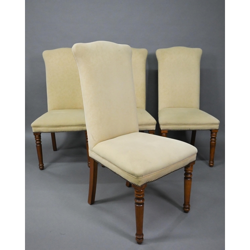 835 - A set of ten contemporary red and cream upholstered high back dining chairs, raised on turned front ... 