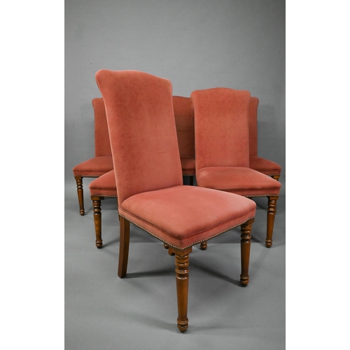 835 - A set of ten contemporary red and cream upholstered high back dining chairs, raised on turned front ... 