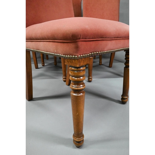 835 - A set of ten contemporary red and cream upholstered high back dining chairs, raised on turned front ... 