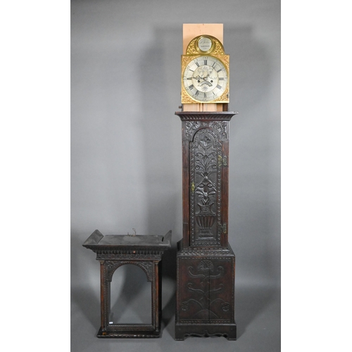 859 - Jarvis, Dalton, an 18th century and later carved oak clock, the eight day movement with arched brass... 