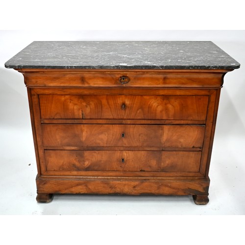 866 - A 19th century French grey marble top mahogany commode, with a single frieze drawer over three long ... 