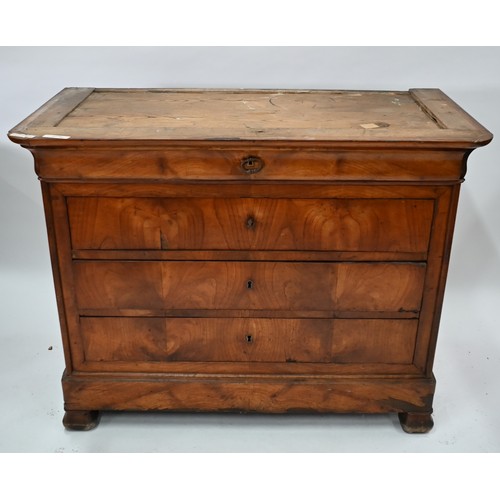 866 - A 19th century French grey marble top mahogany commode, with a single frieze drawer over three long ... 