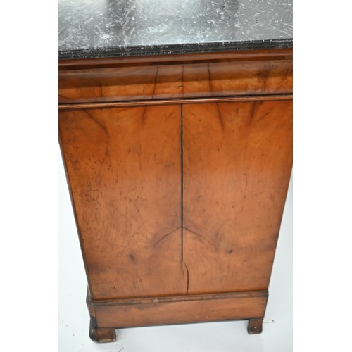 866 - A 19th century French grey marble top mahogany commode, with a single frieze drawer over three long ... 