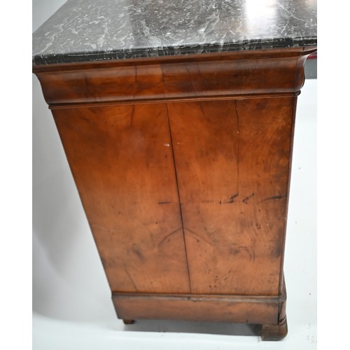 866 - A 19th century French grey marble top mahogany commode, with a single frieze drawer over three long ... 