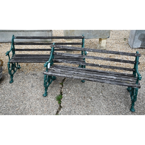 879 - A pair of Coalbrookdale serpent grape and dog design cast iron garden benches, with wood slat seats ... 