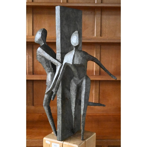 885 - Guy Buseyne (b.1961), verdigris-patinated bronze figural group 'Both Ways', 58 cm high on square woo... 