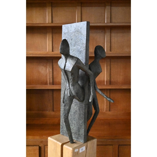 885 - Guy Buseyne (b.1961), verdigris-patinated bronze figural group 'Both Ways', 58 cm high on square woo... 