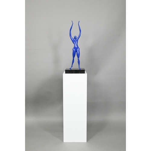 886 - Isaac Kahn (b.1950) 'Passion H', blue-patinated bronze female nude, arms upraised, signed limited ed... 