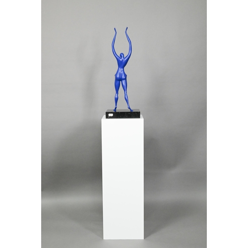 886 - Isaac Kahn (b.1950) 'Passion H', blue-patinated bronze female nude, arms upraised, signed limited ed... 