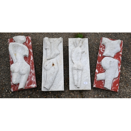 887 - A set of four carved marble plaques, abstract nude torsos (two with red paint), 61 x 23 cm (4)