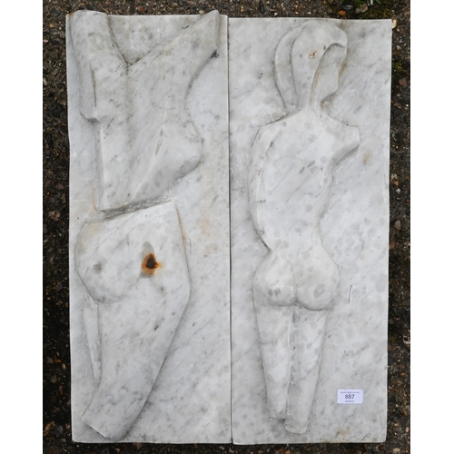 887 - A set of four carved marble plaques, abstract nude torsos (two with red paint), 61 x 23 cm (4)