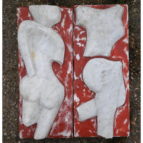 887 - A set of four carved marble plaques, abstract nude torsos (two with red paint), 61 x 23 cm (4)