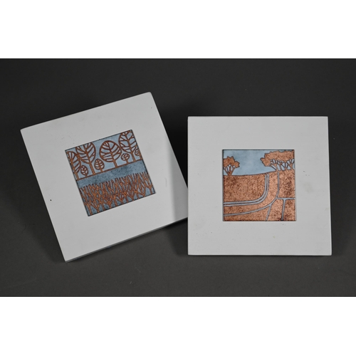 893 - Janine Partington, pair of vitreous enamel panels, stylised landscapes, 7.5 cm square, on painted pl... 