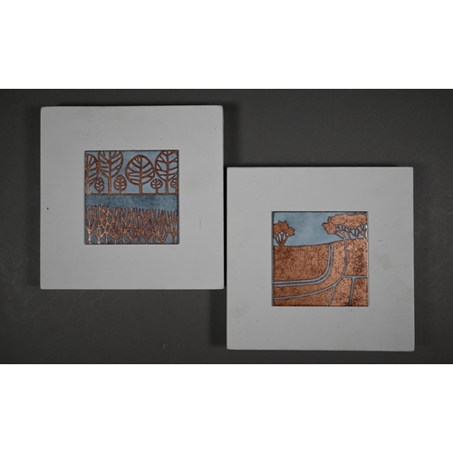 893 - Janine Partington, pair of vitreous enamel panels, stylised landscapes, 7.5 cm square, on painted pl... 