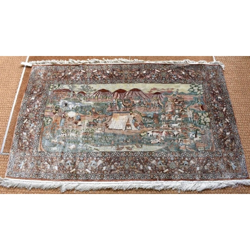 928 - A very fine Persian Hereke silk pictorial rug, the field with busy Persian tribal encampment with an... 