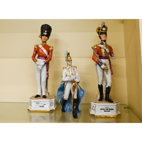 100 - Three china figures of Napoleonic soldiers (1 a/f)