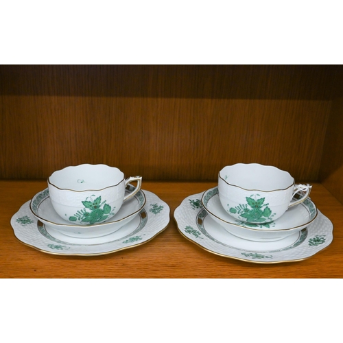 110 - A Herend Apponyi Green double-trio of tea-cup, saucer and plate (6)