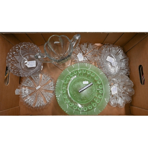 122 - Six George Davidson pressed glass dishes, a green glass two-tier cake-stand, celery vase and stemmed... 