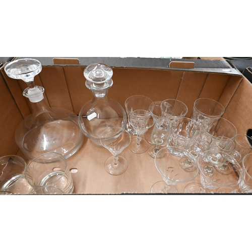 128 - Two glass decanters and various 19th century and later drinking glasses (box)