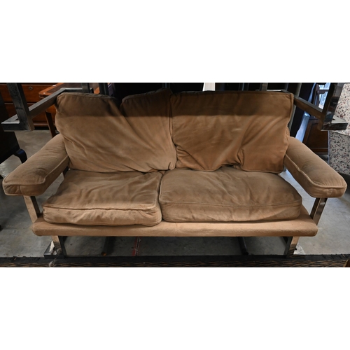 364 - Two Pieff Tim Bates design 'Mandarin' sofas with piped velour covers, on stainless steel frames, 153... 