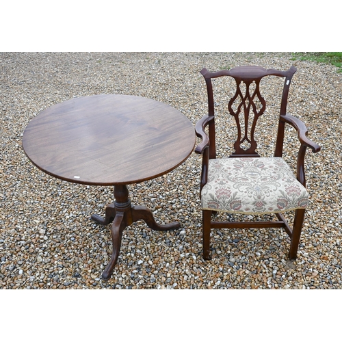 367 - A George III mahogany tilt top tripod table to/w a mahogany carver chair (2)