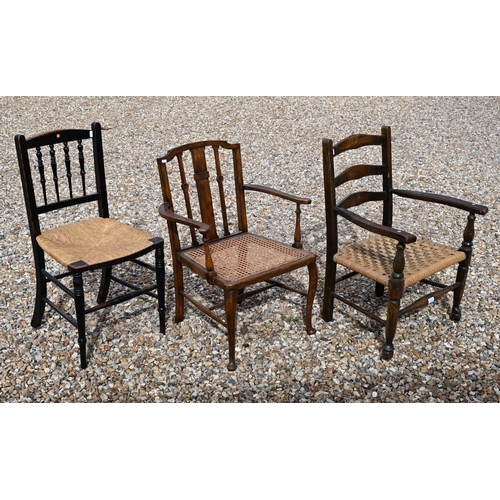 379 - #A trio of old cane and rope seat chairs (3)