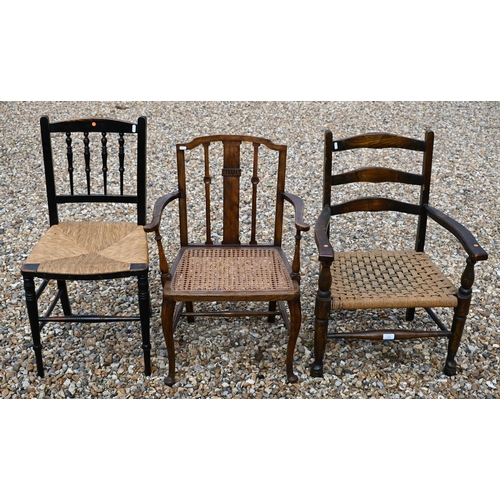 379 - #A trio of old cane and rope seat chairs (3)