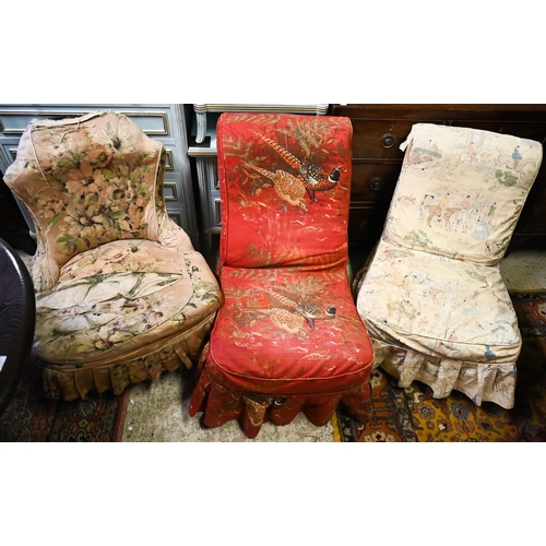 382 - A pair of Victorian button backed nursing chairs to/w another, all in remnants of original silk cove... 