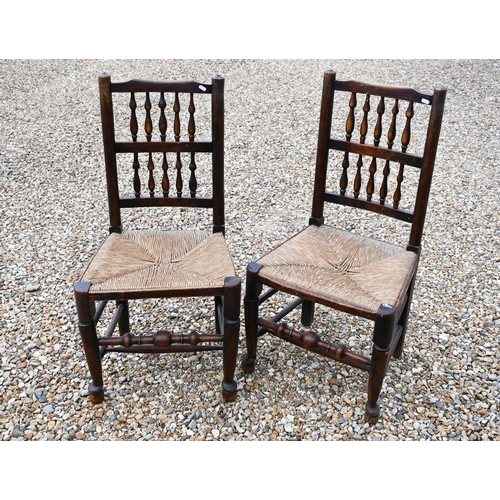 389 - A set of five antique spindle back rope seat side chairs, to/w a similar carver chair - all a/f (6)